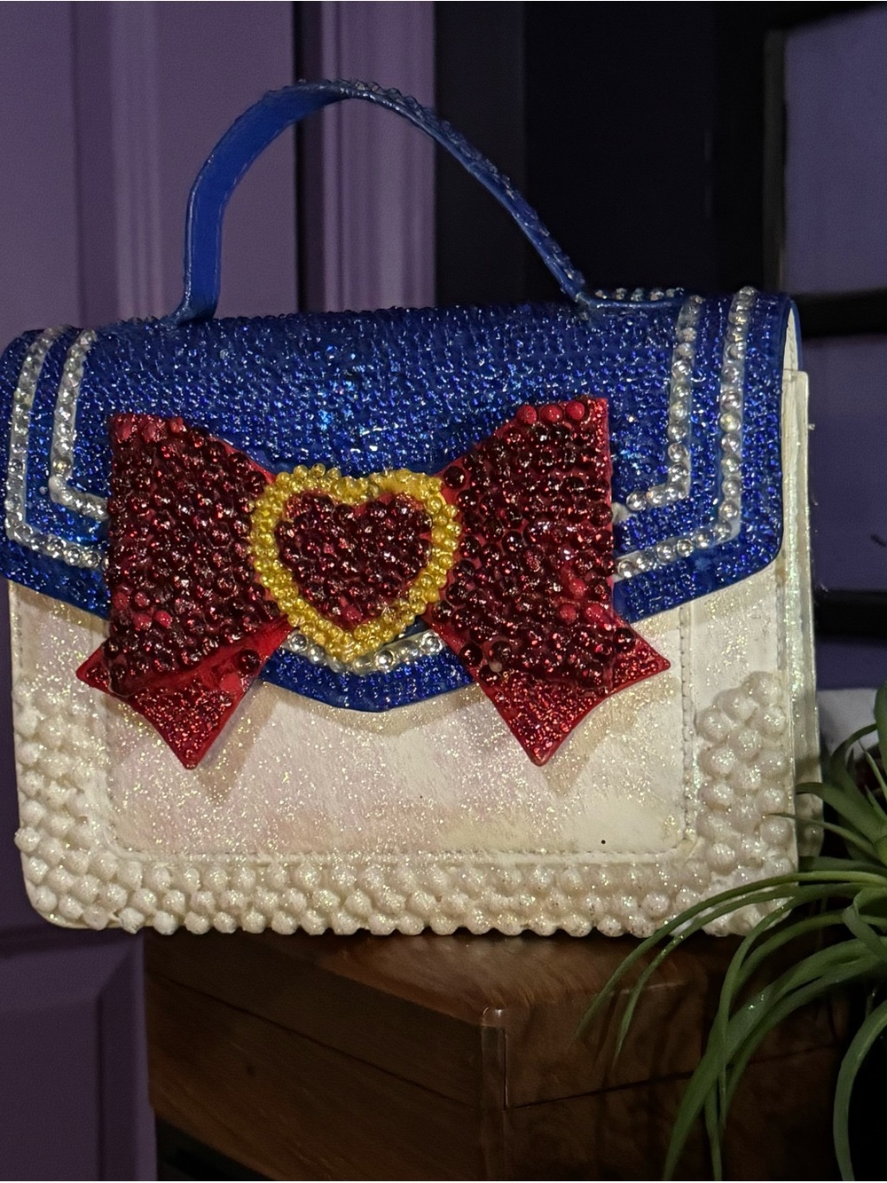 Blue, White & Red Beaded Bow Accent Top-Handle Women's Bag